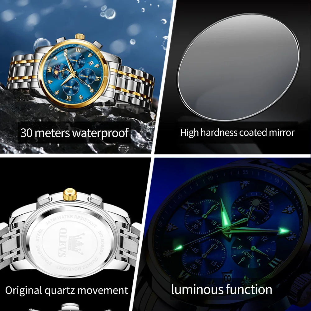OLEVS Watches Man 3655 Stainless Steel Multifunctional Chronograph Quartz Watch Moon Phase Watches Man Box Gifts Original Reloj