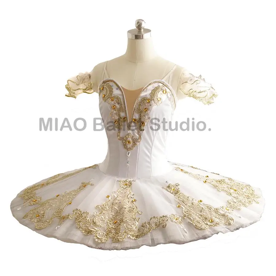 Paqueta – Costume de ballet Tutu pour adultes, plateau classique, blanc et or, scène de mariage, professionnel, pancake, ballerines pour adultes, 0075