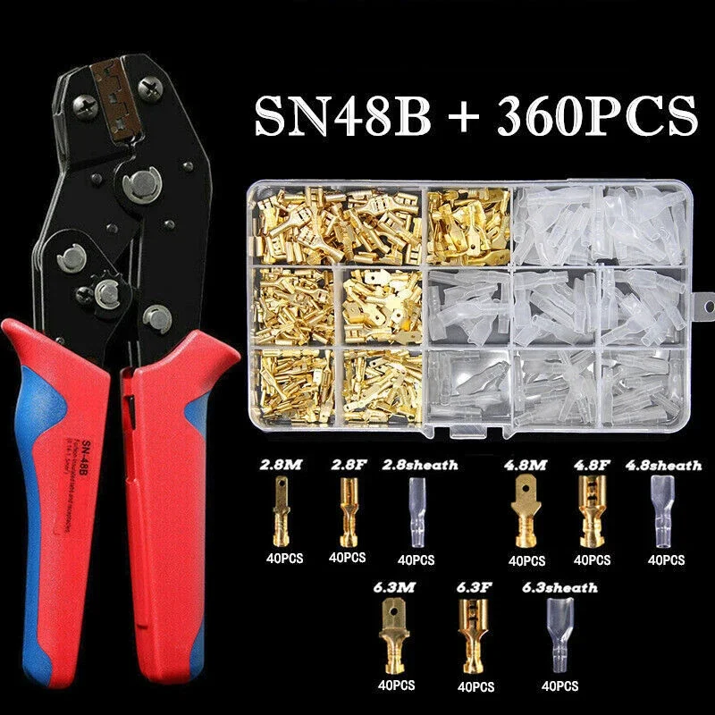 360pcs 2.8/4.8/6.3mm Female Male Crimp Terminal Wire Connector Gold Brass/Silver Car Spade Electrical Cable Terminals with Plier