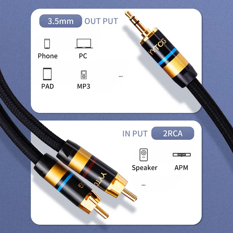 YYTCG Hifi 3.5mm to 2RCA Y Splitter Stereo Audio Cable for Audiophile Connect Phone MP3 CD PC to Amplifier 1m 2m 3m 5m