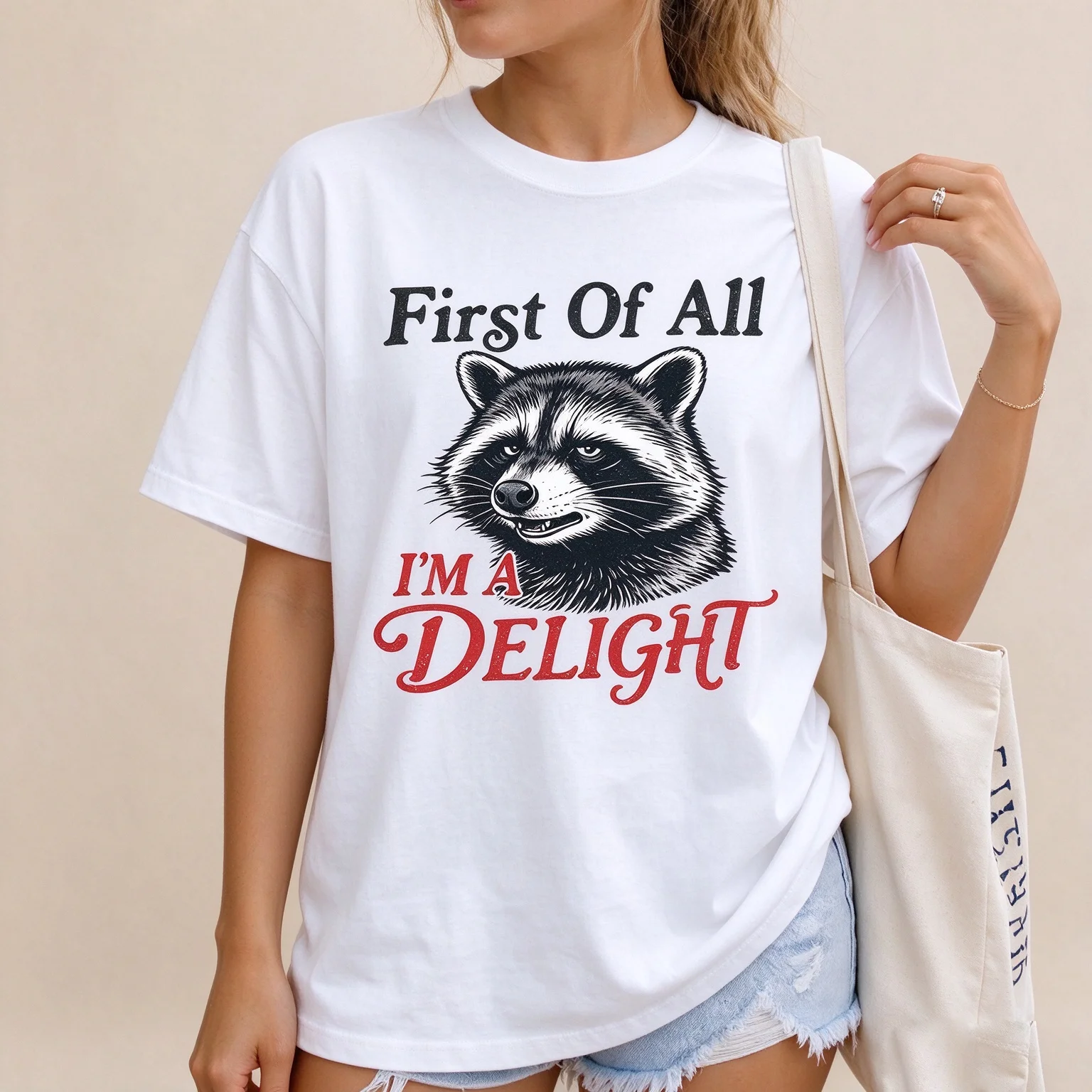 Women First Of All I Am A Delight Funny Raccoon Retro Letter Graphic Casual Short Sleeve T Shirt