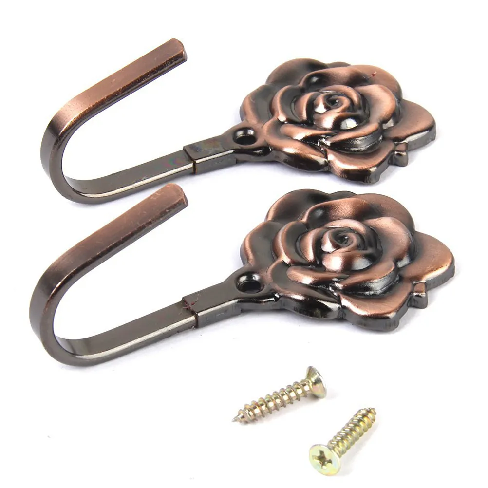 2Pcs Classic Rose Design Curtain Hooks Bronze Metal Tieback Hooks for Hats Clothes Doors Walls Elegant Home Decor