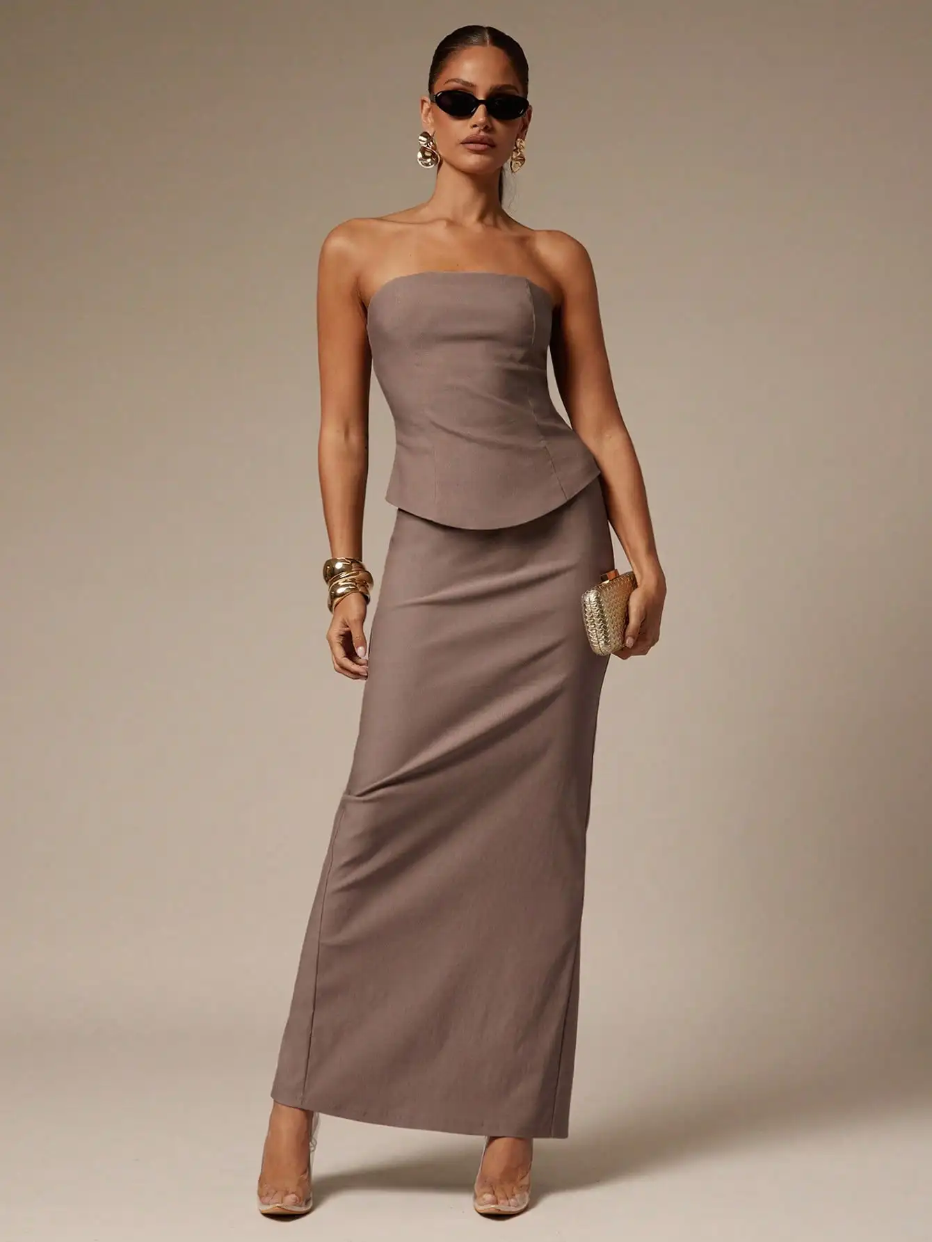 여성용 미니멀리스트 튜브탑 & 롱 스커트 2피스 세트, 카키색, 데이트나 출퇴근용 우아한 오피스룩