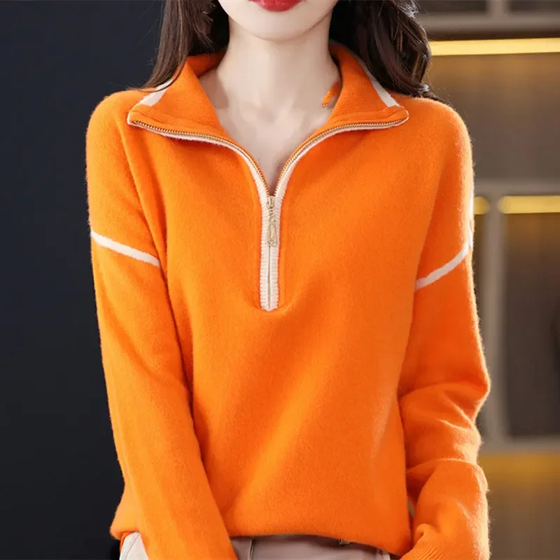 

Y2K Women's Patchwork Color Half Zip Turtleneck Cashmere Sweater Loose Fit Casual Pullover for Autumn Winter