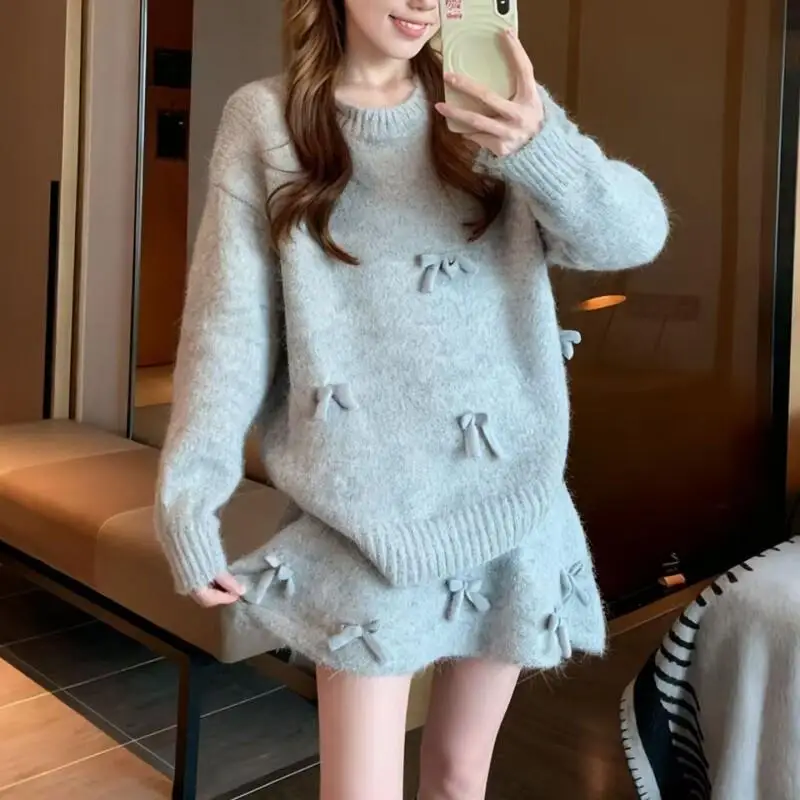 

Весь комплект в корейском стиле, женский свитер, осень-зима, новый тяжелый рабочий галстук-бабочка, молодежная вязаная юбка, комплект из двух предметов, милый