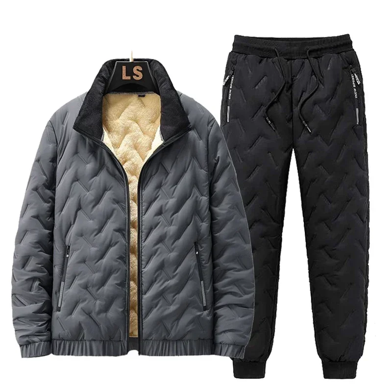 New Mens Joggers Set Sweat Suit Winter Lamb Fleece Warm Men Down Cotton Jacket Zipper Coat+Down Pants Two Piece Sets Fashion 5XL