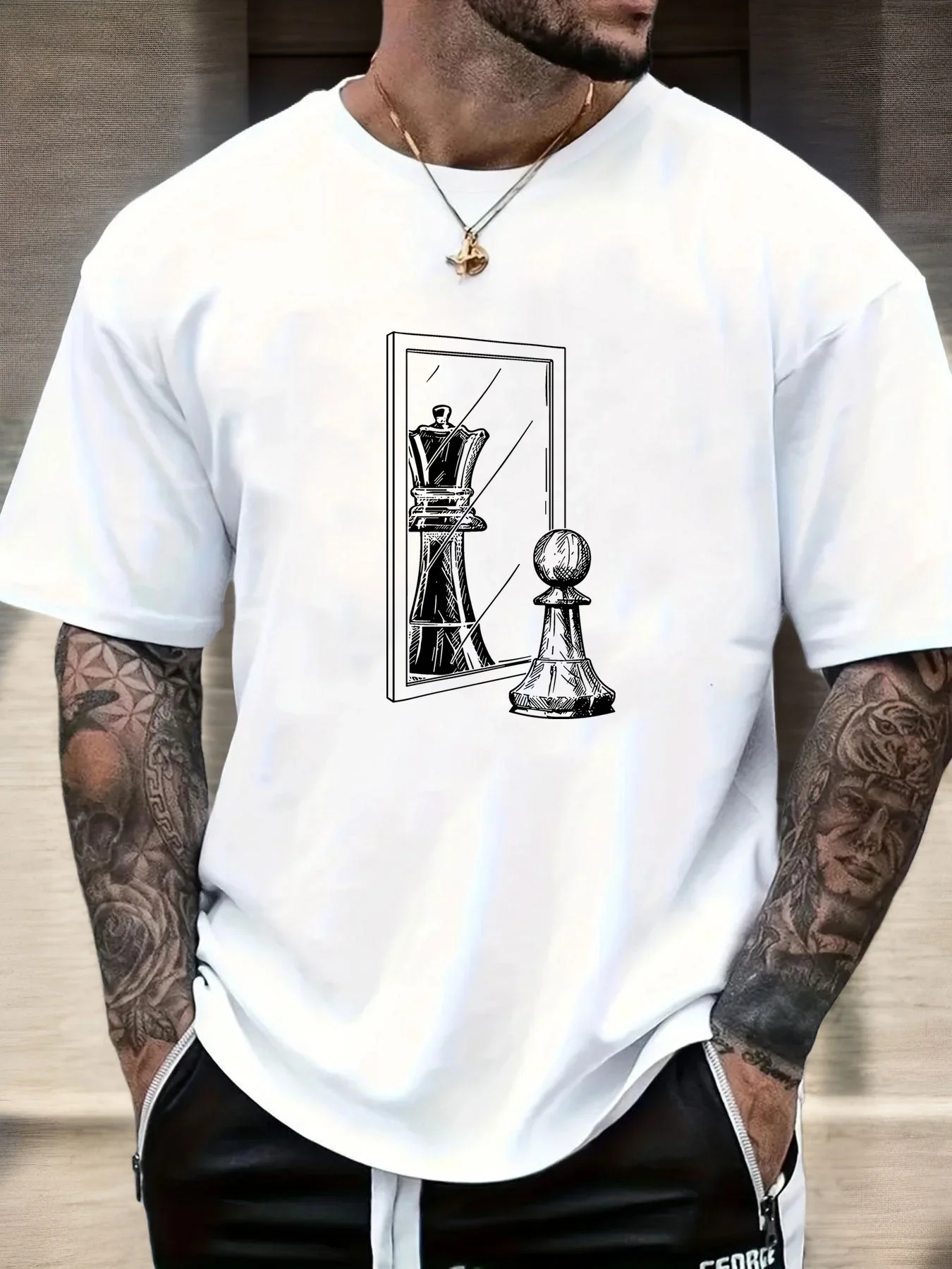 Art Aesthetic Male 100% Cotton T-shirt Creative Mirror Reflection Chess Sketch Print Skin Friendly Oversized Daily Basic Tops