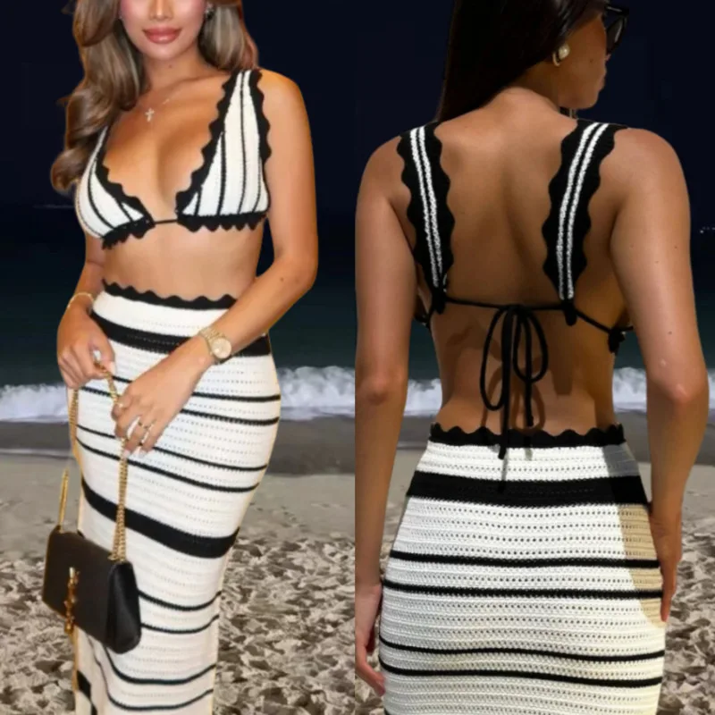 

Sexy Striped Embroidered Bikini Set 2024 Summer Vacation Party High Waisted Skirt 2-piece Set Casual Lace Vest Suspender Top Set