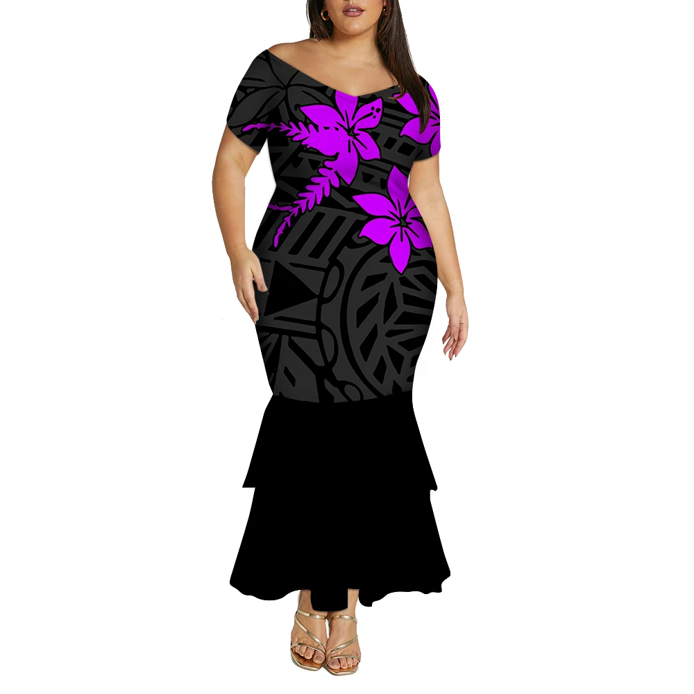 

Custom-Made Round-Neck Dress Puletasi Dresssamoa Fiji Islands Art Print Custom-Made Polynesian Tribal Women'S Long Dress