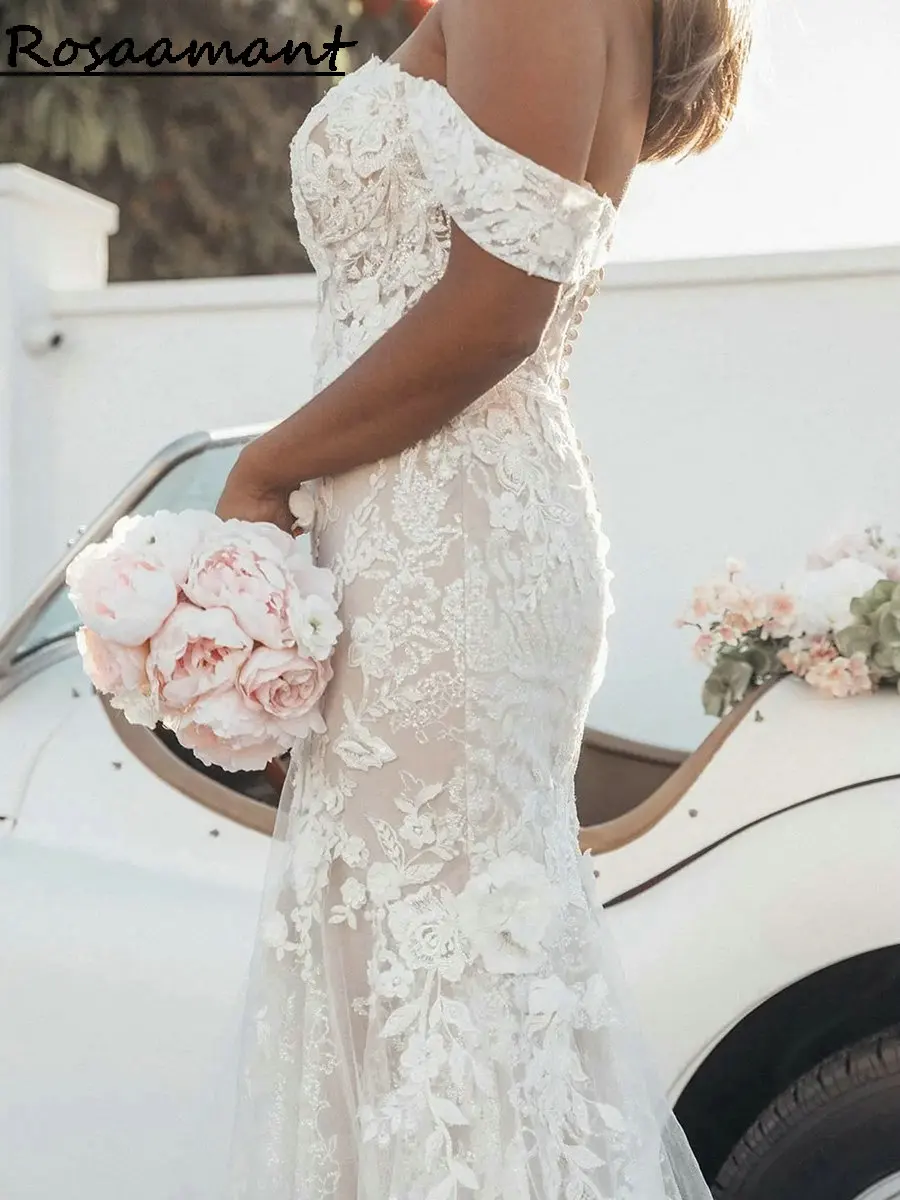 Affascinanti abiti da sposa a sirena con spalle scoperte Appliques floreali abiti da sposa Boho in pizzo