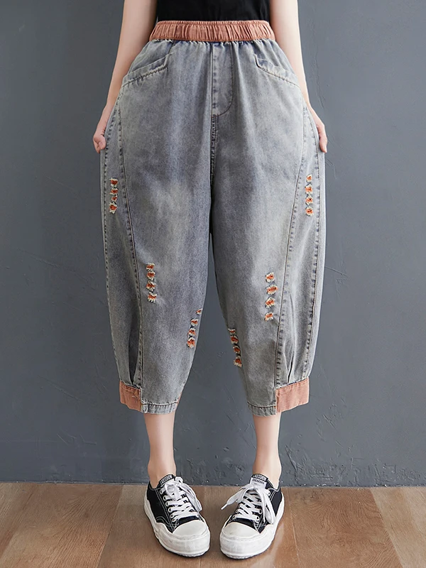 กางเกงยีนส์เอวสม็อคผู้หญิง ไซส์ใหญ่ สำหรับฤดูร้อน แบบเจาะรู สไตล์ลำลอง ฮาราจูกุ ทรงเจ็ดฟุต ช่วยให้ดูผอม