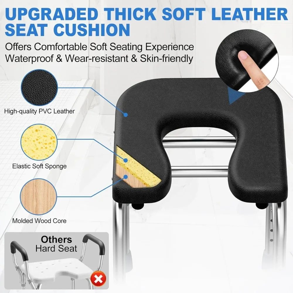 U-Shaped Shower Chair with Thick Padded Cushion, 400LBS Stainless Steel Shower Seat for Inside Shower, Adjustable Bath Chair