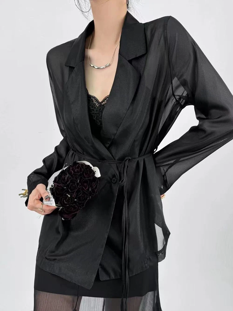 Spring Elegant Blazer Collar Women Shirts Korean Chic Lace Up Long Sleeve Female Tops Fashion Office Lady Black Sunscreen Blouse