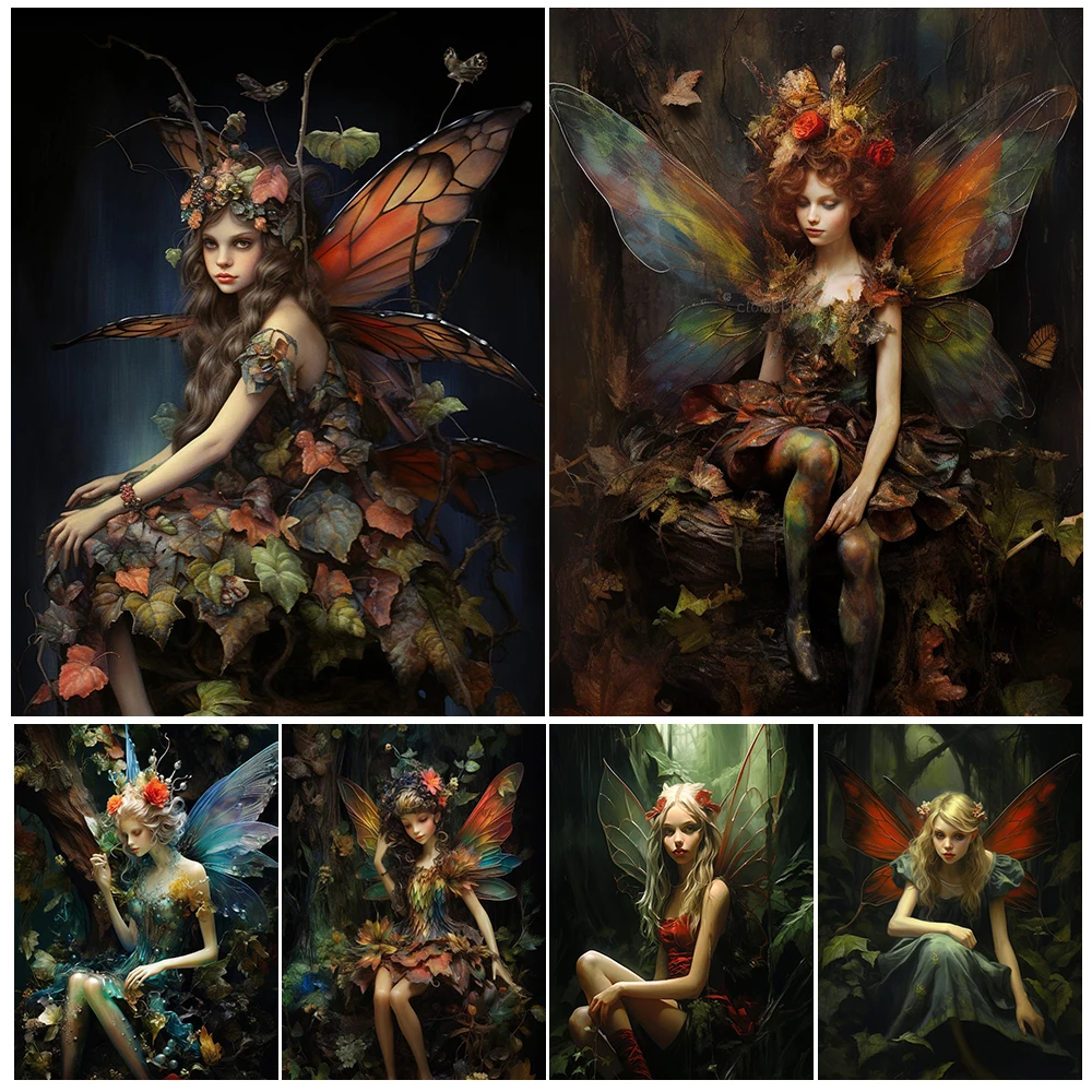 Elf Butterfly Fairy In The Magic Forest,Vintage Wall Art Canvas Painting The Spirit That Protects Nature Art Poster Print Decor