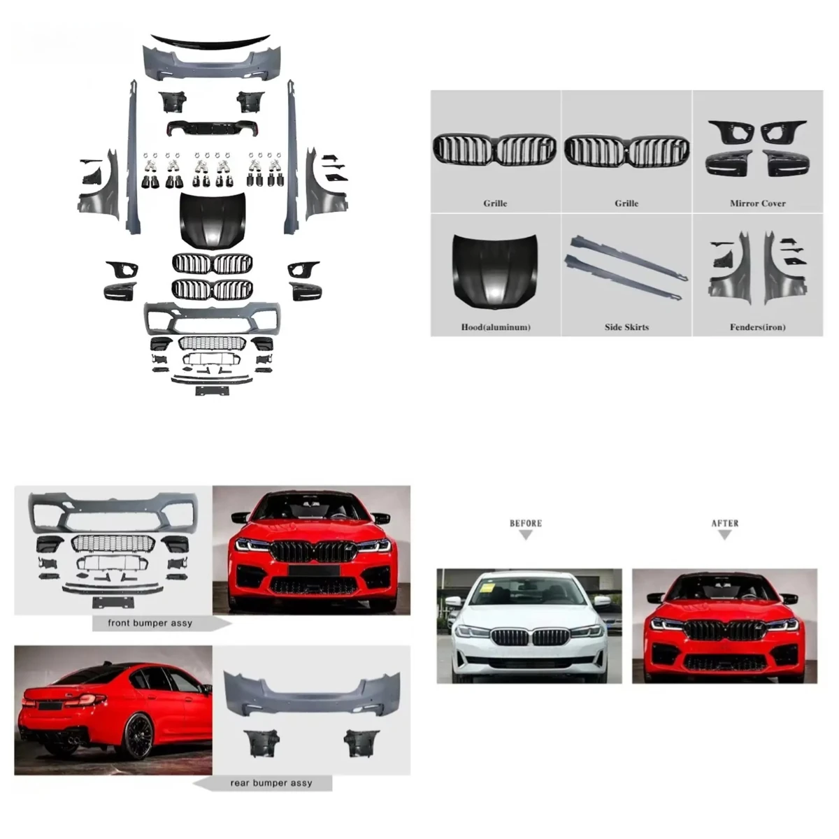

Car M5 Style Front And Rear Bumper With Grille Side Skirts Body Kits For 5 Series G30/38 2021 Modified To M5 2021 Body Kit