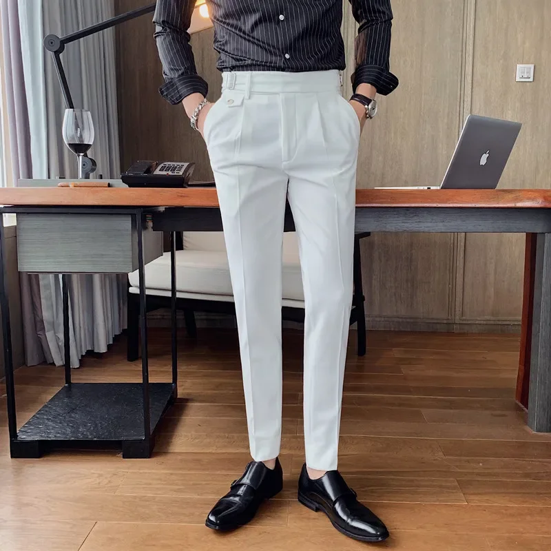 

New Design Men High Waist Trousers Solid England Business Casual Suit Pants Belt Straight Slim Fit Bottoms Fashion Clothing