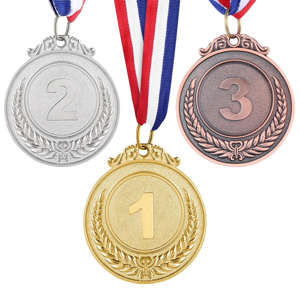 3PCS Gold Silver Bronze Style Metal Award Medals with Neck Ribbon for Sports Academics or Any Competition Diameter 5.1CM Small