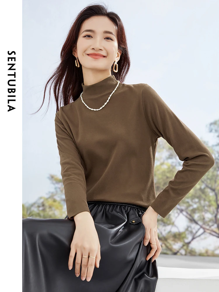 Sentubila elegancka pรณลgolf koszulka z dzianiny 2024 wiosna prosta kobieta dolna koszula Slim dลugi rฤkaw dzianinowy Top W34T52346