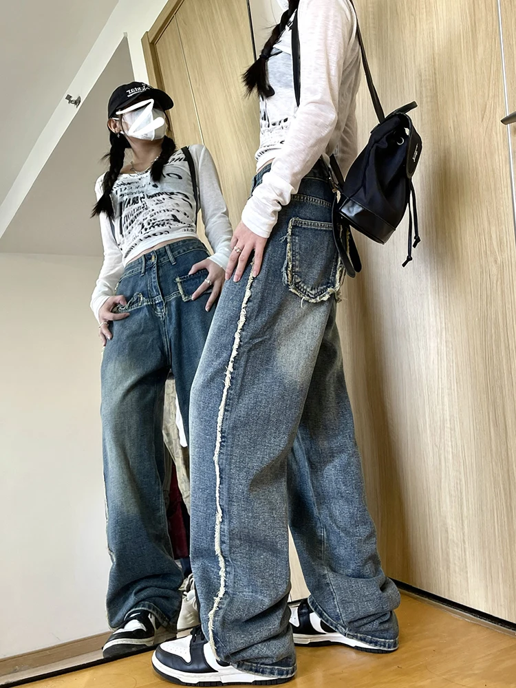 

Джинсы с высокой талией и широкими штанинами, длиной в пол, для женщин больших размеров, свободного прямого кроя, летние, стройнящие, в стиле Харадзюку, из денима.