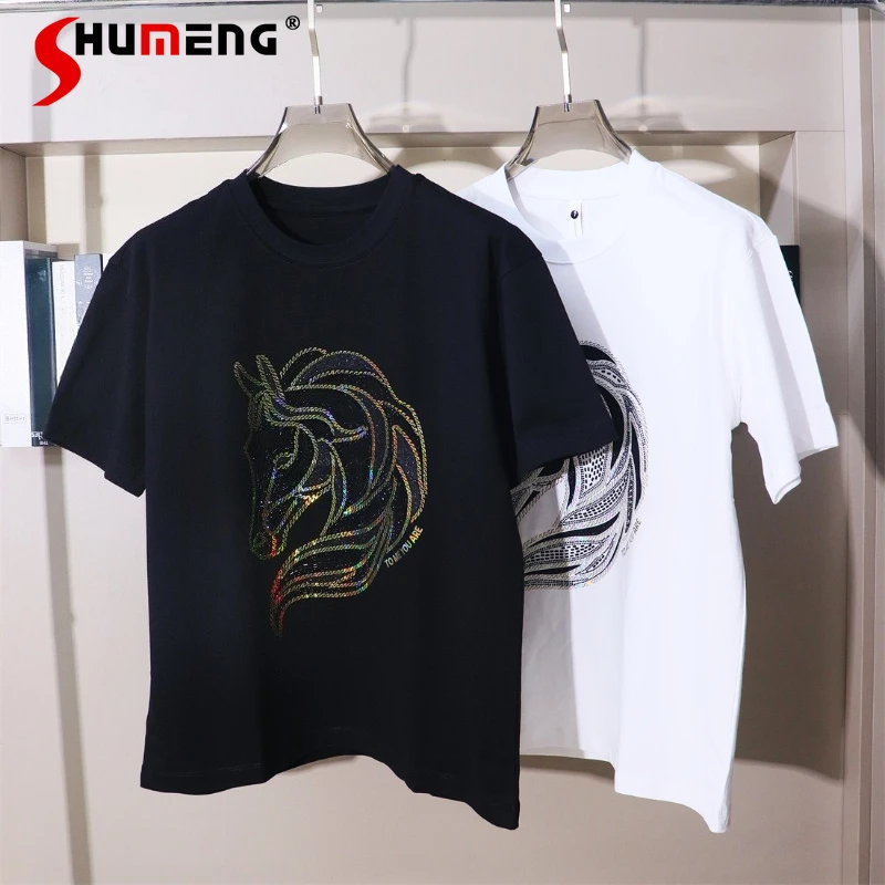 

Trendy Rhinestone Stylish High Street Loose Tops Men Women 2026 Spring Summer New Short Sleeve T-Shirts Stylish Personality Tees