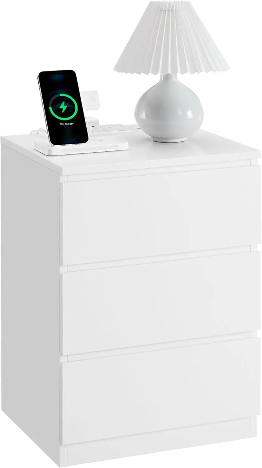 

2 AC Outlets And 2 USB Ports, Bedside Table, Side Table With 3 Drawers, Modern Style,