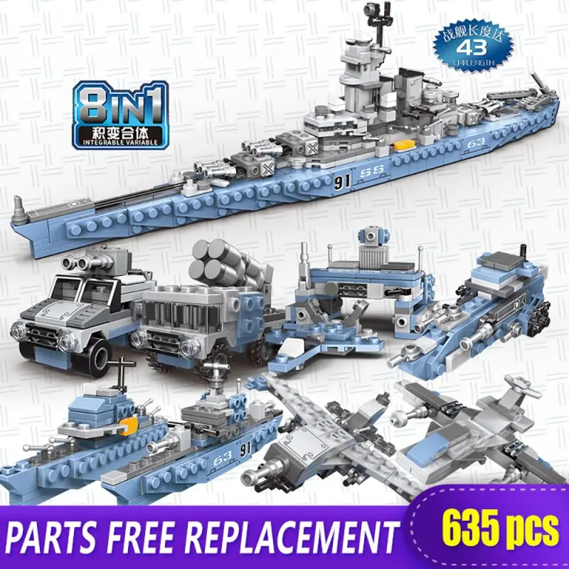 

8-in-1 Missouri Battleship Block Set DIY Deformable Armored Jeep Artillery Vehicle Attacker Self Assemble Block Puzzle Toy Gift