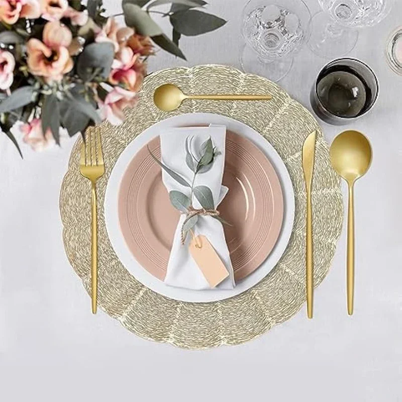 6Pcs Place Mats Set Round Gold Vinyl Easy-to-Clean Non-Slip Heat-Resistant 15