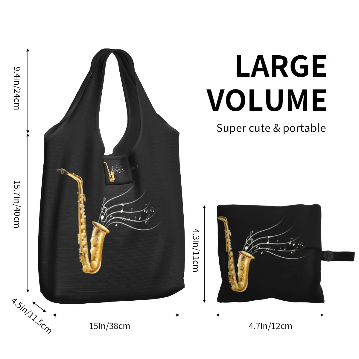 Kustom keren Saxophone dengan catatan musik tas belanja wanita portabel kapasitas besar bahan makanan Sax pemain Shopper tas Tote