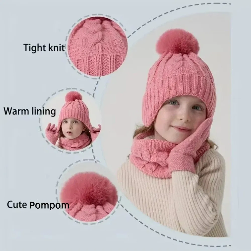Einfarbiges Baby-Mütze-Schal-Handschuh-Set, süßer Pompon, verdickte Strickmützen für Kleinkinder mit warmen Ohren aus Samt, Mütze-Set für Herbst und Winter
