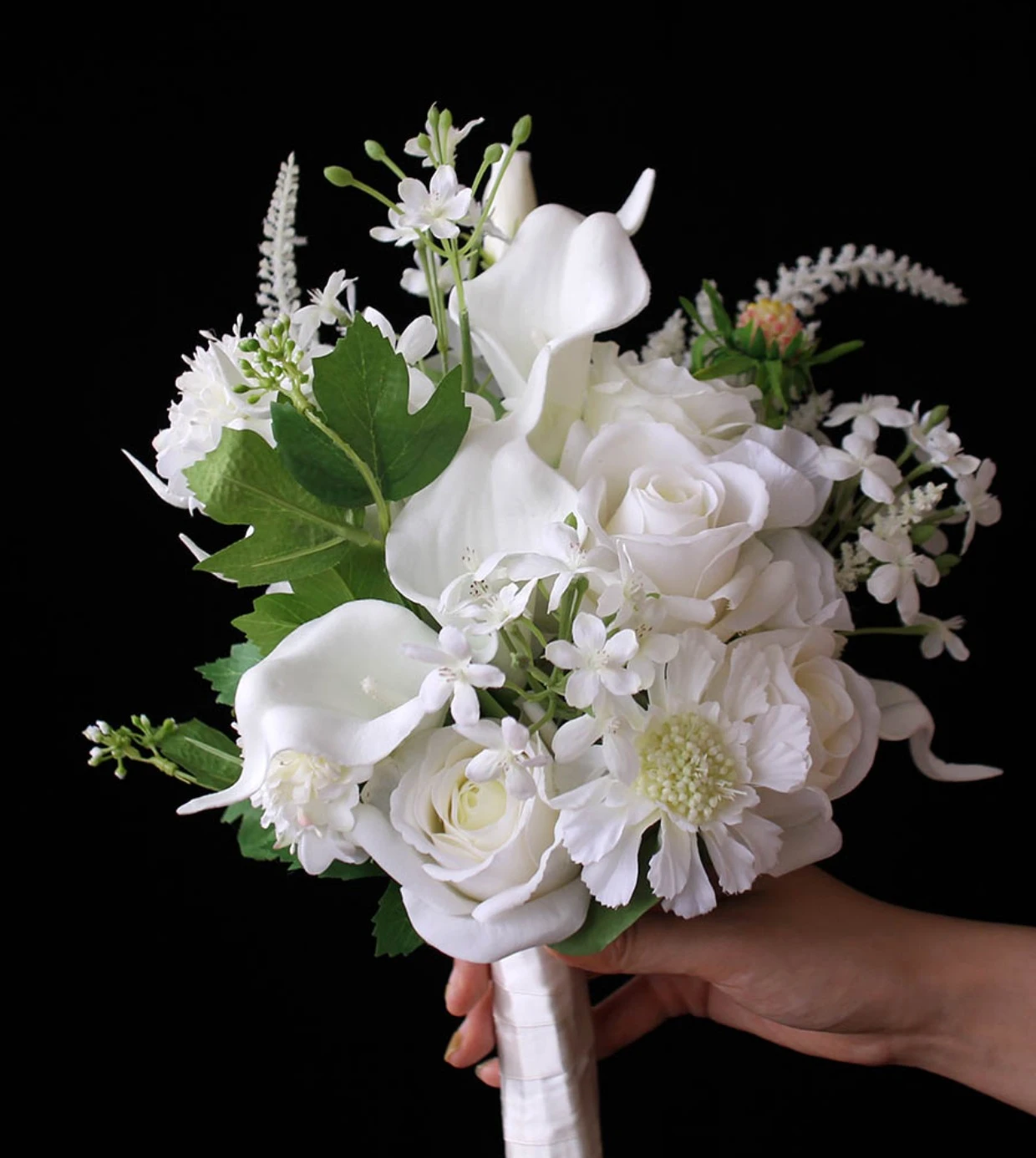 JaneVini – bouquet de fleurs artificielles de mariée, élégantes, petites fleurs de lys Calla, bouquet de demoiselle d'honneur, Roses en soie, accessoires de mariage Boho