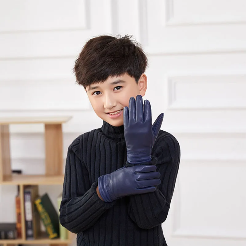 

Children Autumn Sheepskin Plus Velvet Thick Gloves Boys Winter Solid Warm Glove Girls Genuine Leather Points Finger Mitten S-XL