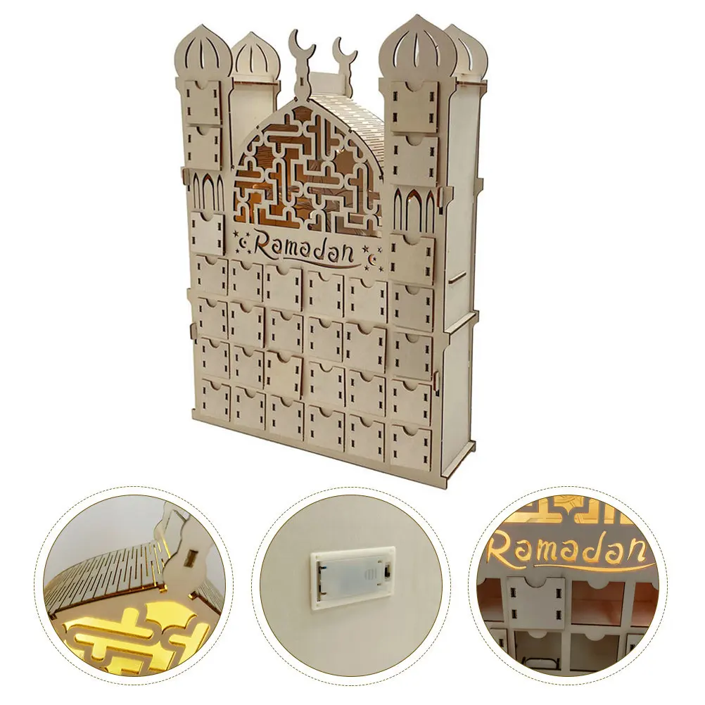 

Wooden Palace Ornament Creative Hollow Eid Mubarak Decoration Ramadan Festival Glowing Home Wooden Craft Party Decoration