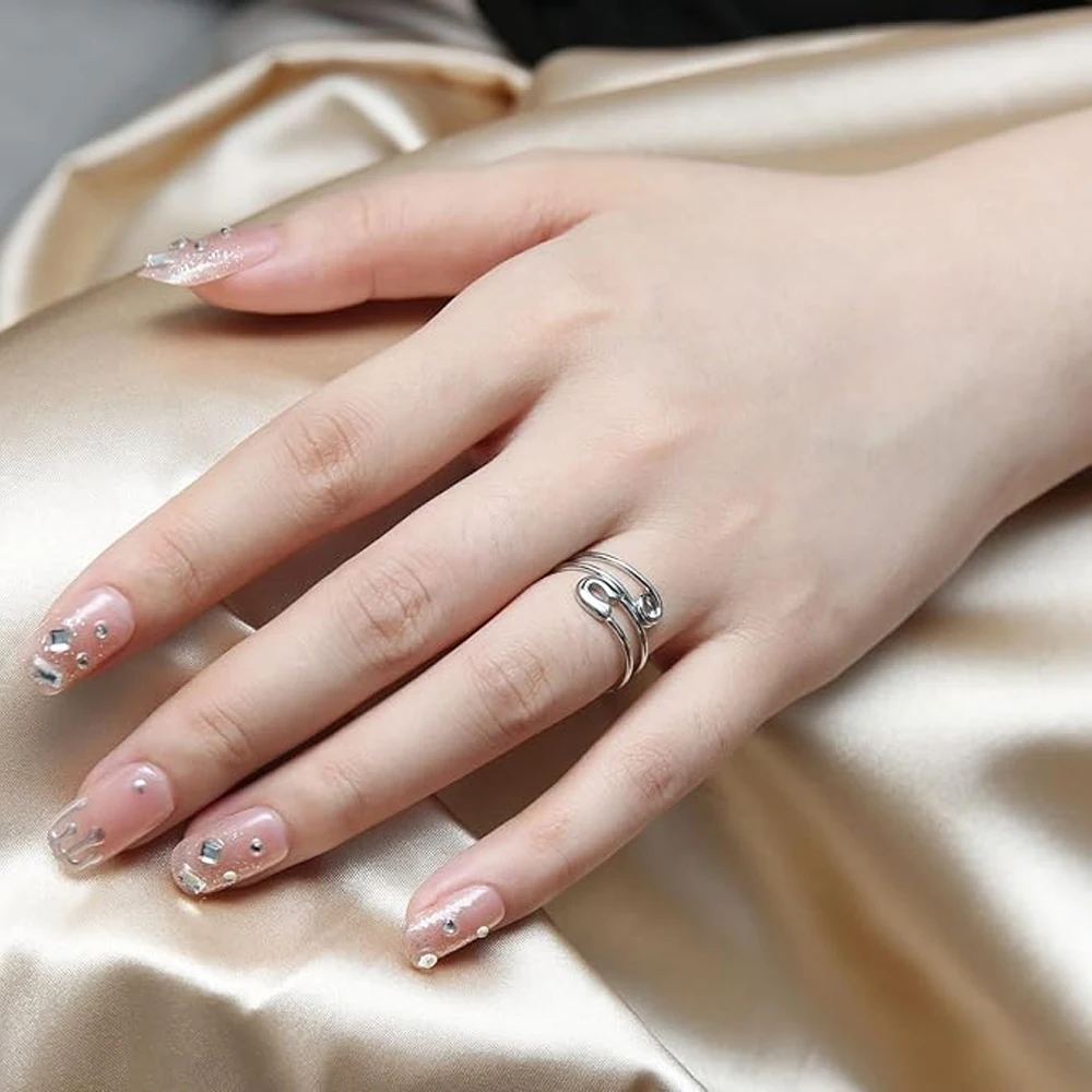 1PC Stainless Steel Paper Clip Ring Curved safety pin Rings Silvery/Golden Hoop and Roll Adjustable Rings for Women Girl Jewelry