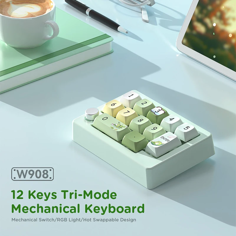 Wireless+Bluetooth+wired 12 key mechanical numeric keypad rechargeable with backlight and macro definition mini keyboard