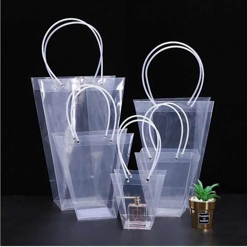 

10pcs PVC Transparent Flower Bag Plastic Visible Matte Load-bearing Handbag Trapezoidal Bouquet Gift Portable Packaging Bags