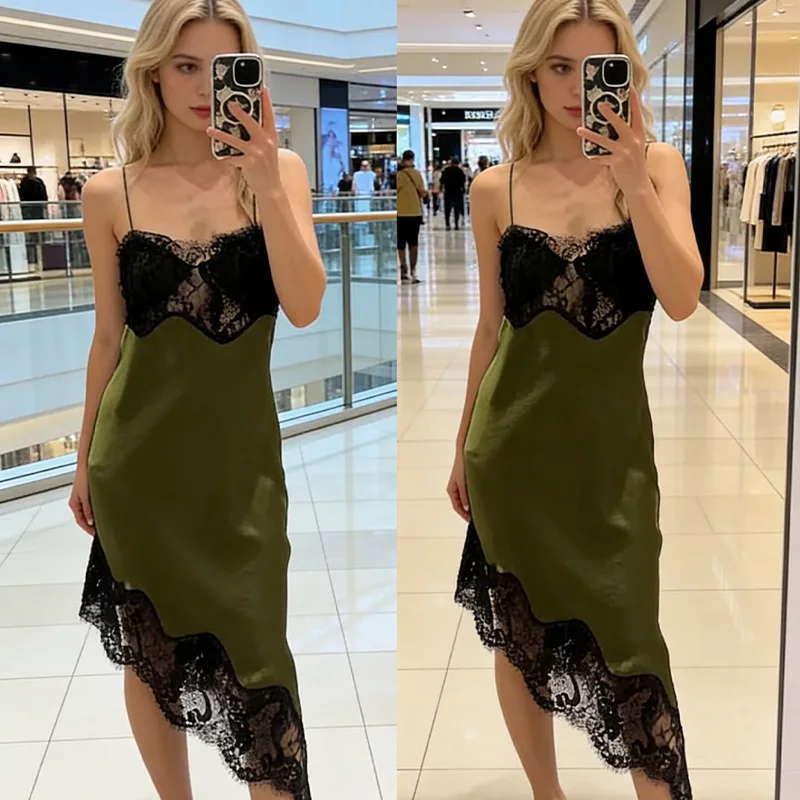 2026 Sommer Damenkleid Grün Vintage Ärmellos Korsett Spitze Trägerloses Langes Kleid Schlankes Sexy Rückenfreies Kleid mit Asymmetrischem Saum