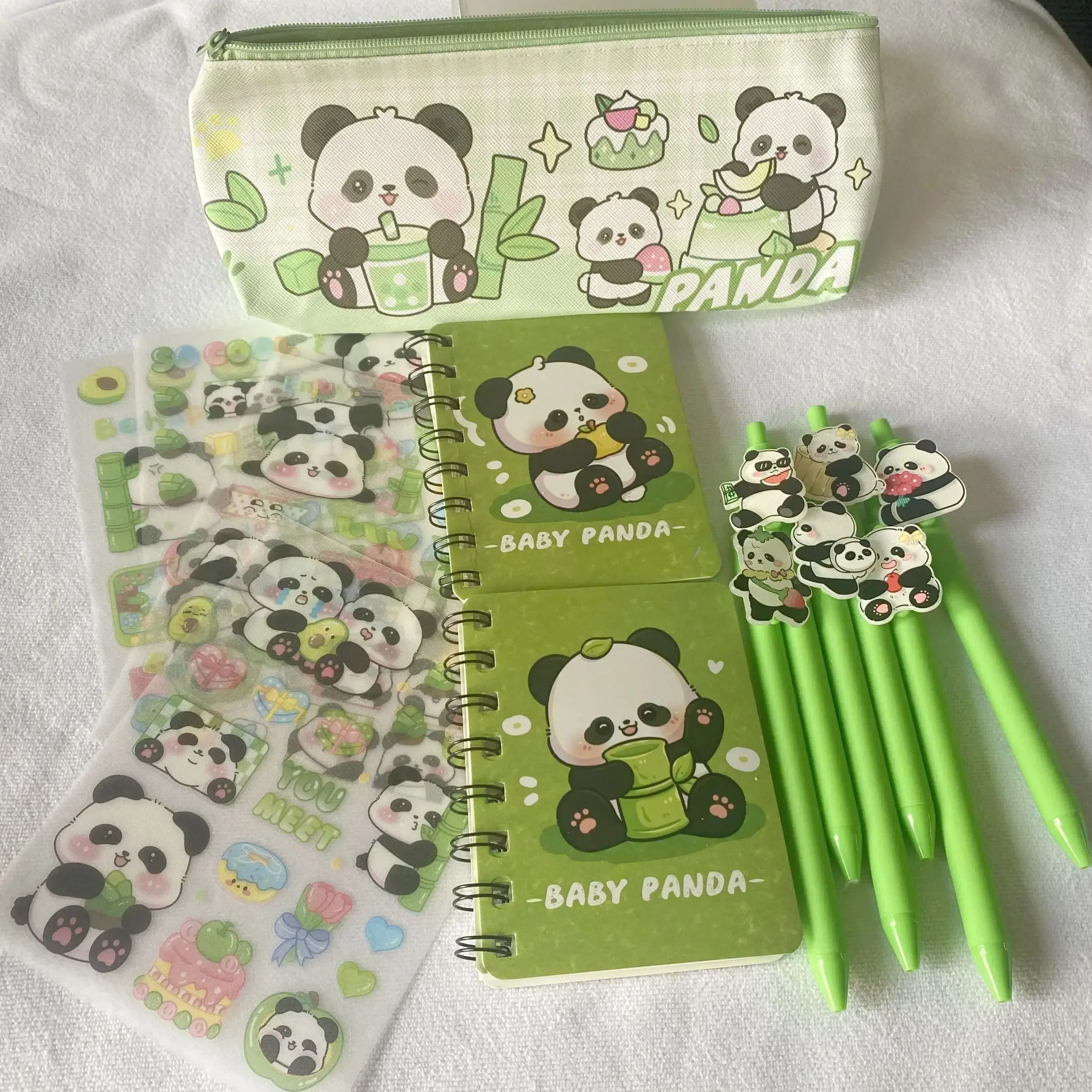 13pcs Panda Stationery Set Green Panda Pencil Case Gel Pens Panda Stickers Notebooks, Ideal for School and Office Supplies