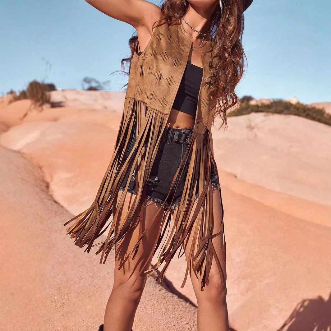 

Women's Fringed Vest Sleeveless Hippie Style Suede Jacket Open Cardigan Long Length Velvety Fabric Summer Season Casual Wear