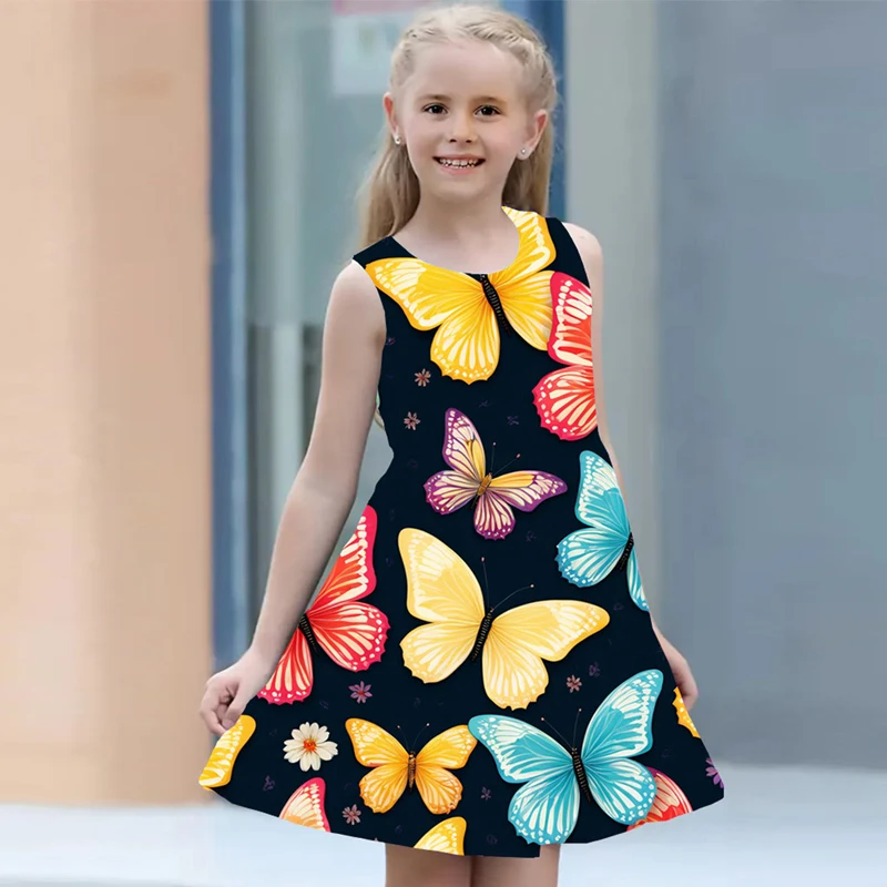 Summer Girl Dress 2024 Kids Clothes Sleeveless O-neck Butterfly 3D Print Children Princess Dress for Girls 5 to 6 Years Old