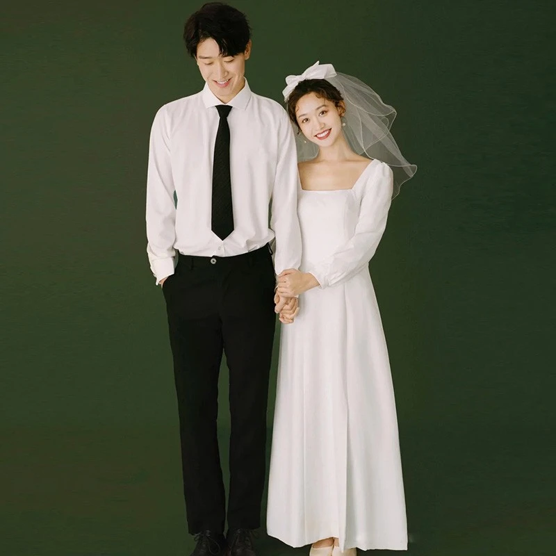 

Легкое атласное свадебное платье для выездной церемонии на открытом воздухе, с завышенной талией, А-силуэт, белое, в корейском стиле, с рукавами