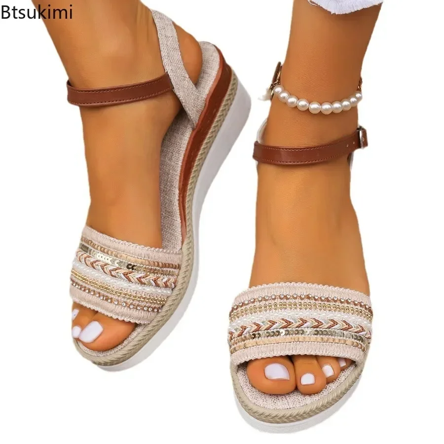 Sandalias informales trenzadas de verano 2025, sandalias de cuña con plataforma y correa con hebilla a la moda, zapatos ligeros antideslizantes para caminar para mujer