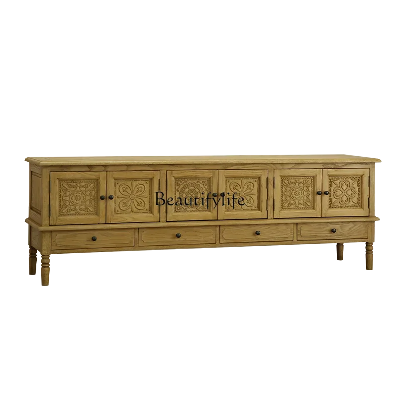 

1LXVintage pastoral solid wood carving flower TV cabinet combination oak wabi wind B & B living room long cabinet