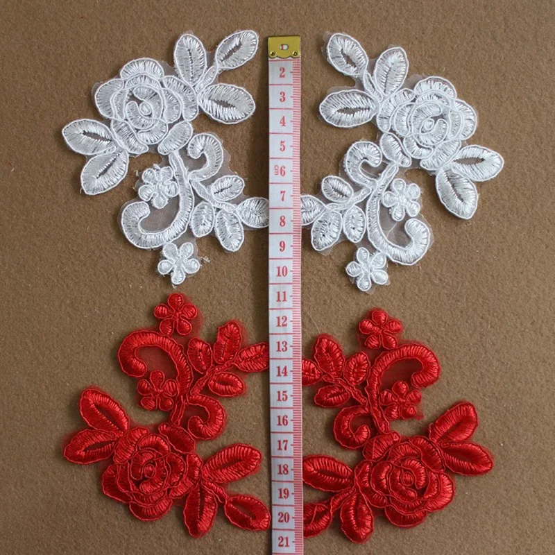 Applique in pizzo ricamato, bianco reale e rosso, accessori in pizzo fai da te, vendita calda, 10.5x8.5cm, 5 paia, 10 pezzi