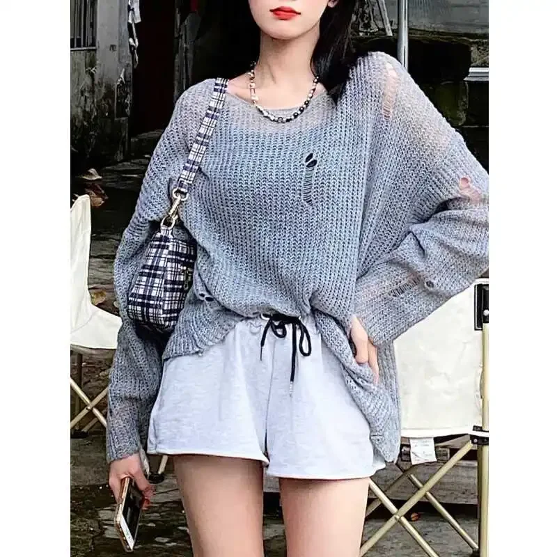 

Skeleton knit sweater female loose lazy style long-sleeved hoodie blouse sunscreen air conditioning shirt autumn thin section