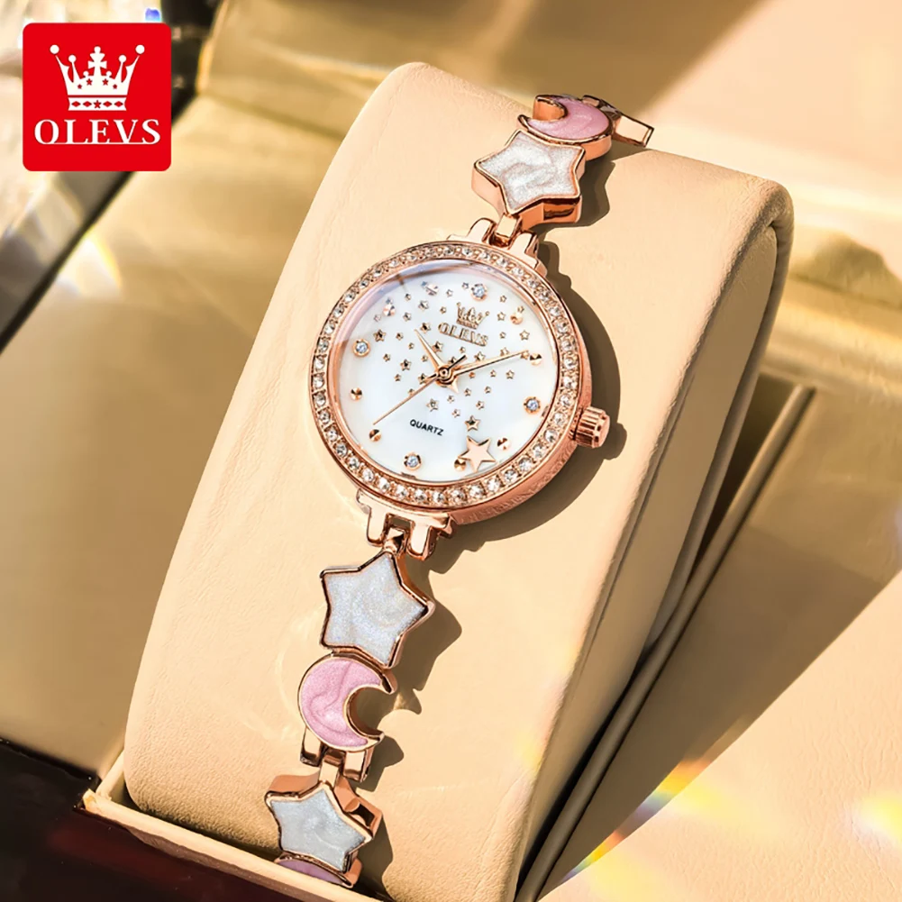 OLEVS Original Quartz Women's Watches Hot Sale Luxury Trendy Star Moon Diamond Dial Elegant Ladies Bracelet Wristwatch 5665 New