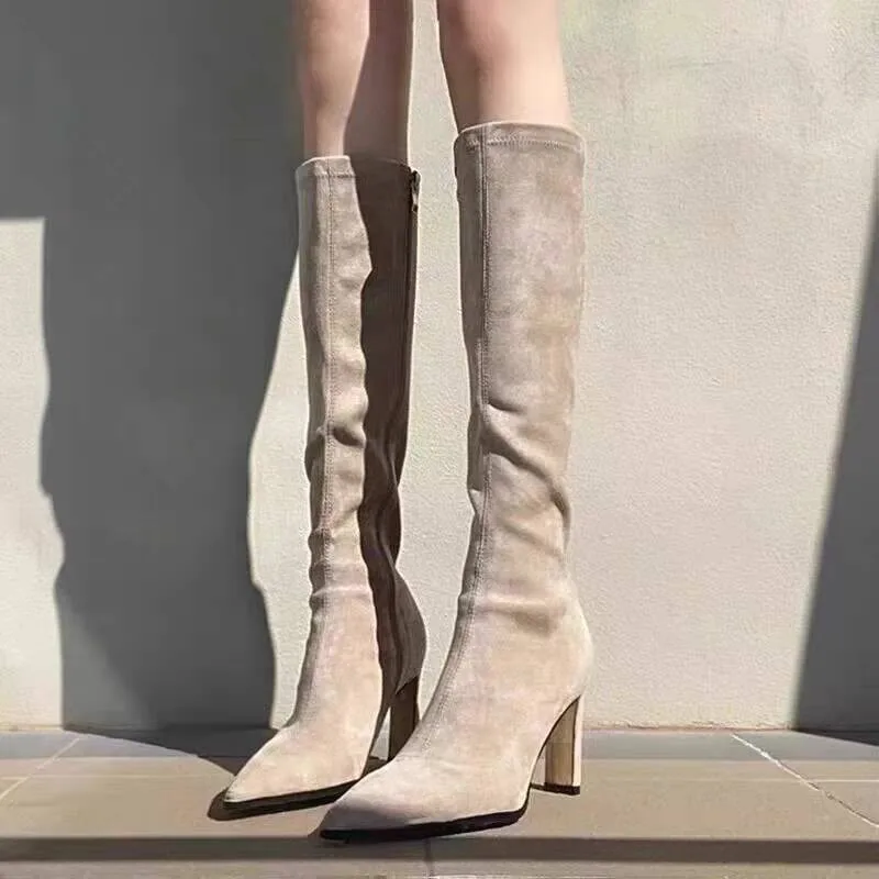 

Сапоги на высоком каблуке, осенние новые нескользящие износостойкие высокие сапоги из замши с острым носком и рукавами