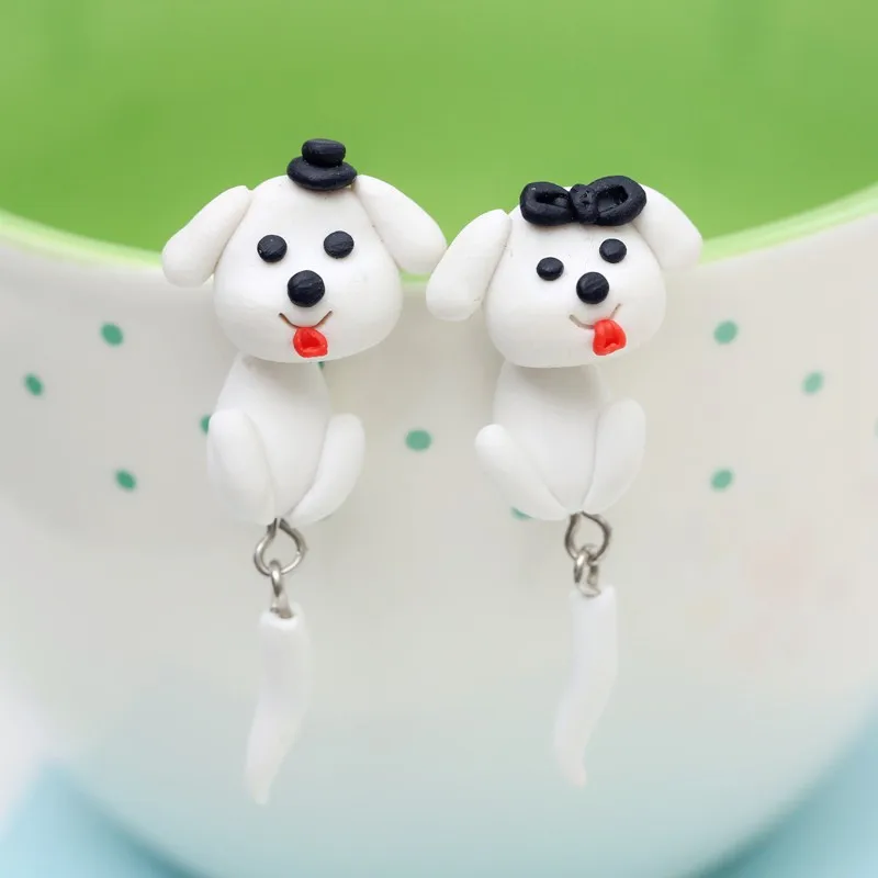 Handmade Christmas White Dog Polymer Clay Stud Earrings For Women Cute 3D Animal Red Hat Puppy Front Back Ear Jackets