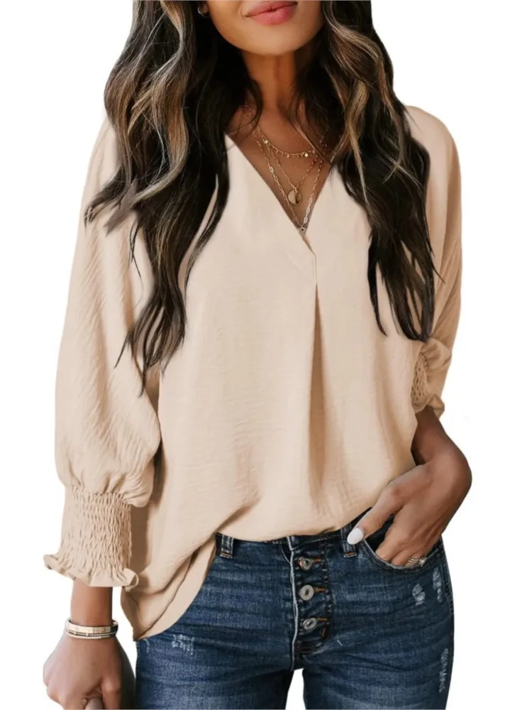 

Elegant Office Lady Solid Blouses Women's V-Neck Three Quarter Sleeve Loose Pullover Casual Shirt Autumn Fashion Blouse Female