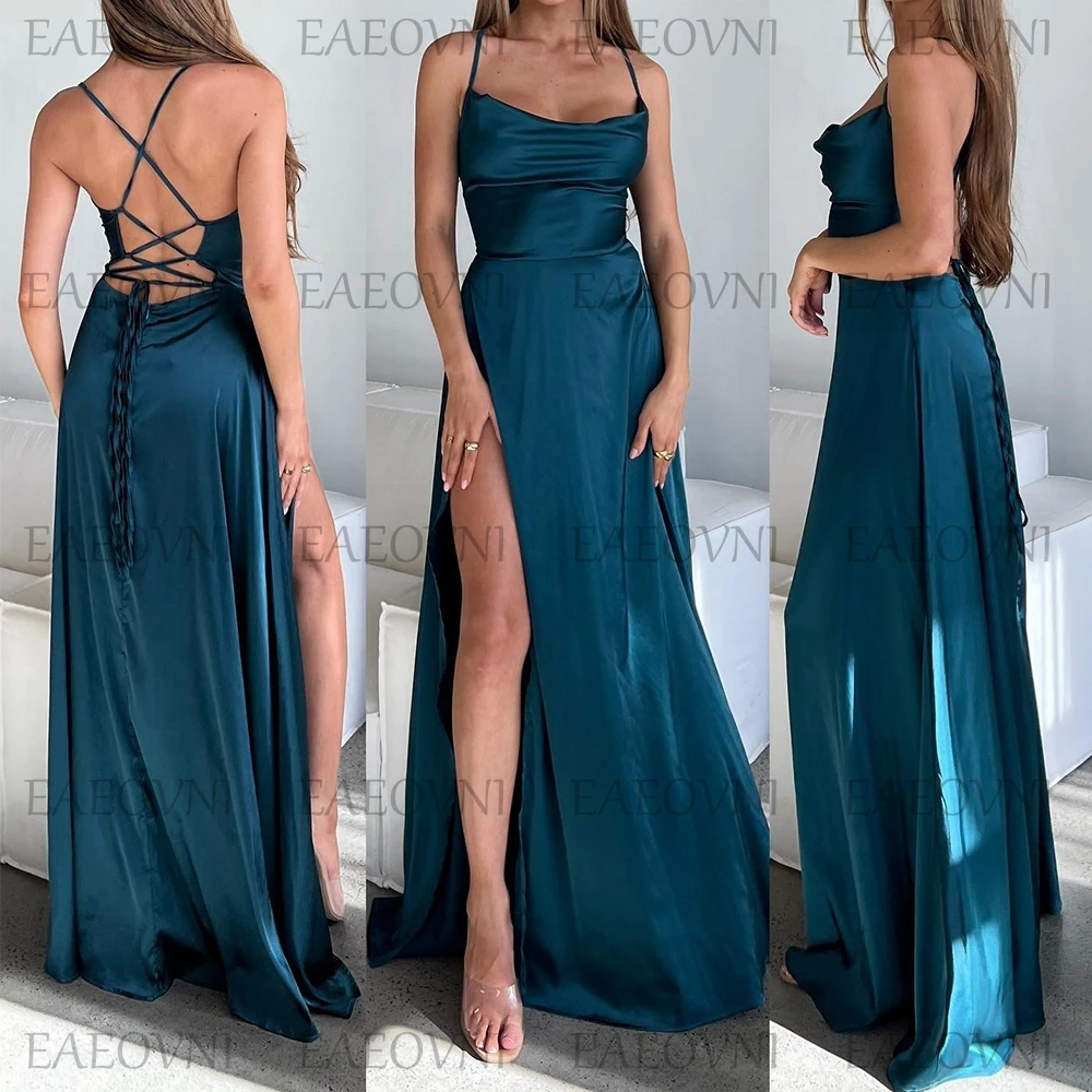 Customized Vintage Sleeveless Backless Prom Gown Spaghetti Strap Square Collar Grace Evening Dresses Sweep Train Formal Party Dr