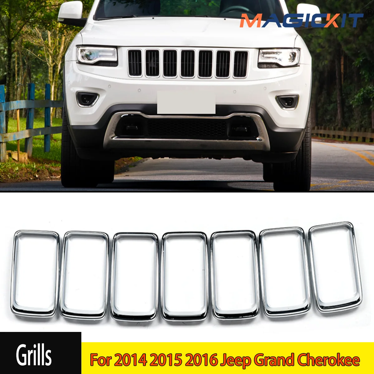 7x  Kit For 2014 2015 2016 Jeep Grand Cherokee Front Grille Trim Ring Insert Cover Chrome ABS Plastic auto parts